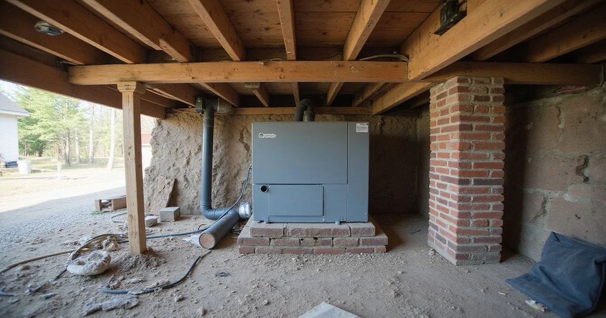 Crawl space dehumidifier installed on a vapor barrier