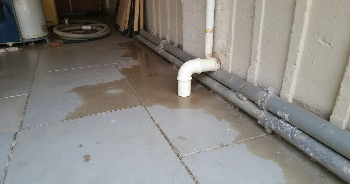 Damp basement floor near the wall-floor cove joint with slight water staining