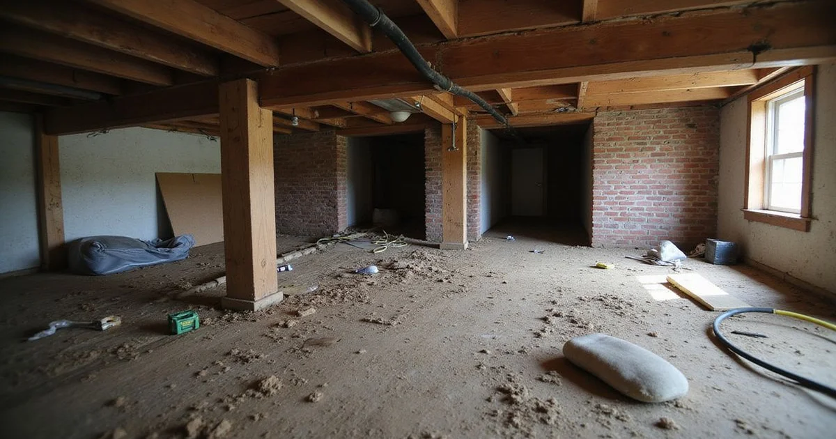 Damp crawl space with exposed floor joists and a bare dirt floor
