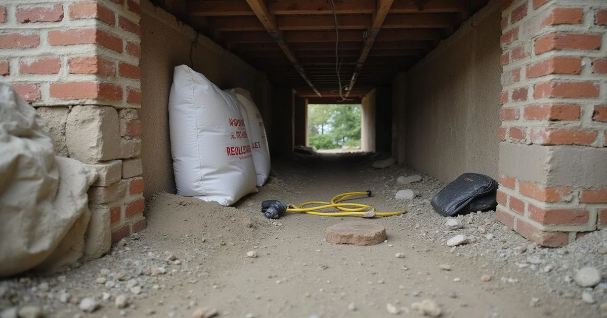 Encapsulation materials staged at a crawl space entry
