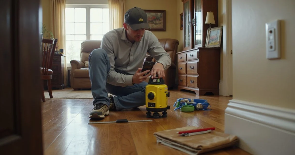 Estimator recording elevation readings with a laser level inside a Middle Tennessee home