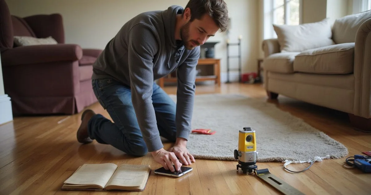 Estimator taking floor elevation readings with a laser level in a Williamson County home