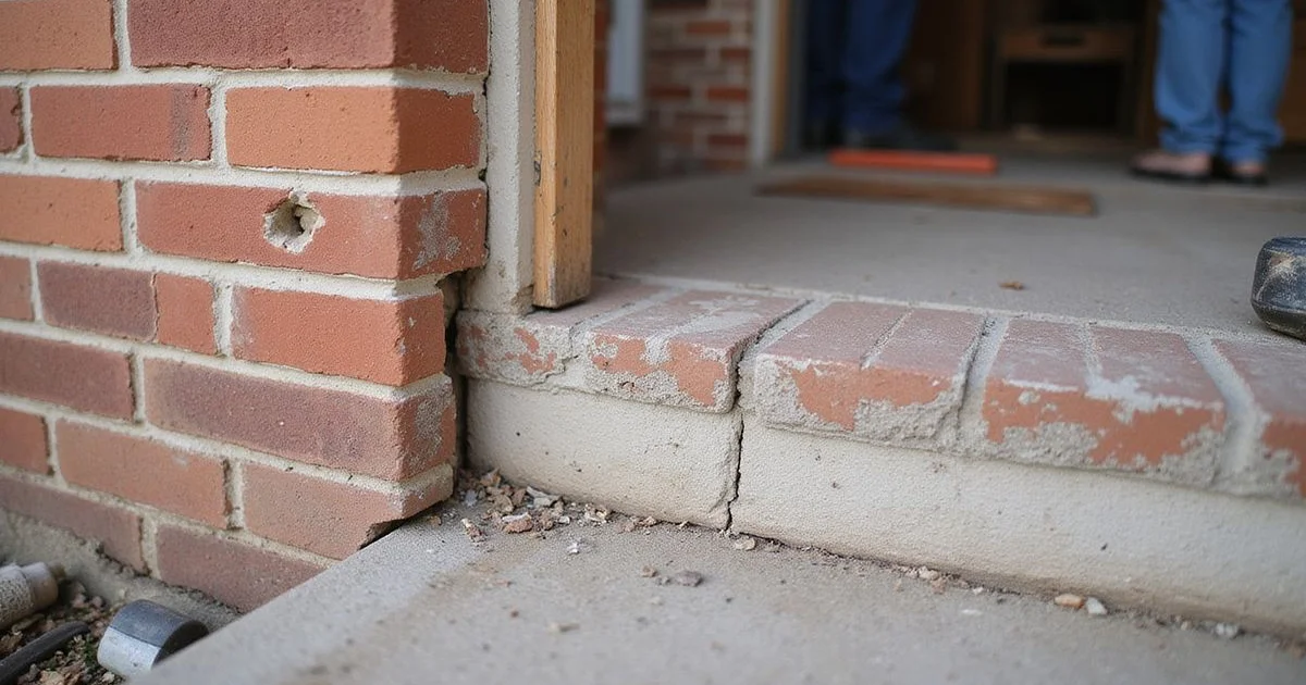 Exterior brick corner of a Middle Tennessee home showing a hairline stair-step crack