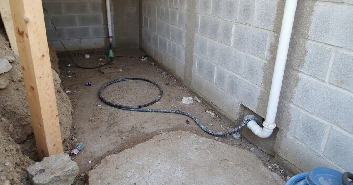 Exterior excavation exposing a foundation wall for a membrane