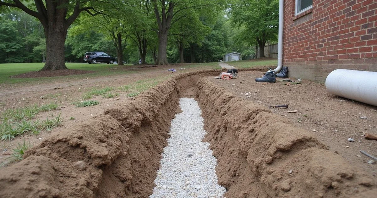 Exterior French drain trench with perforated pipe and gravel