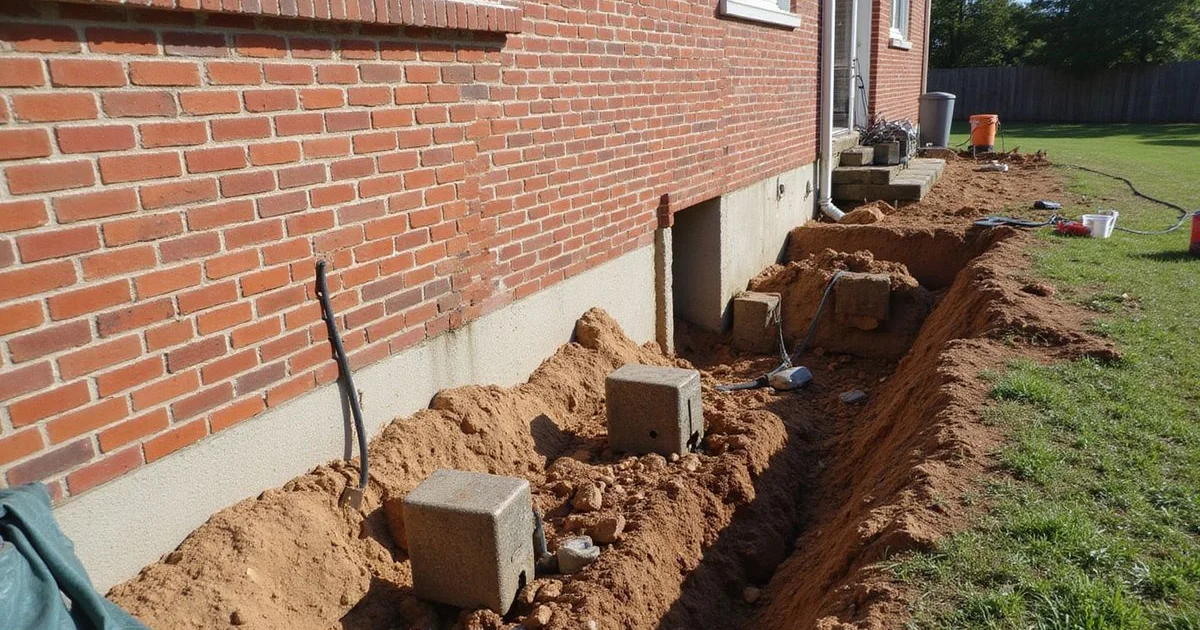 Foundation repair equipment, piers, and brackets staged beside a Middle Tennessee home