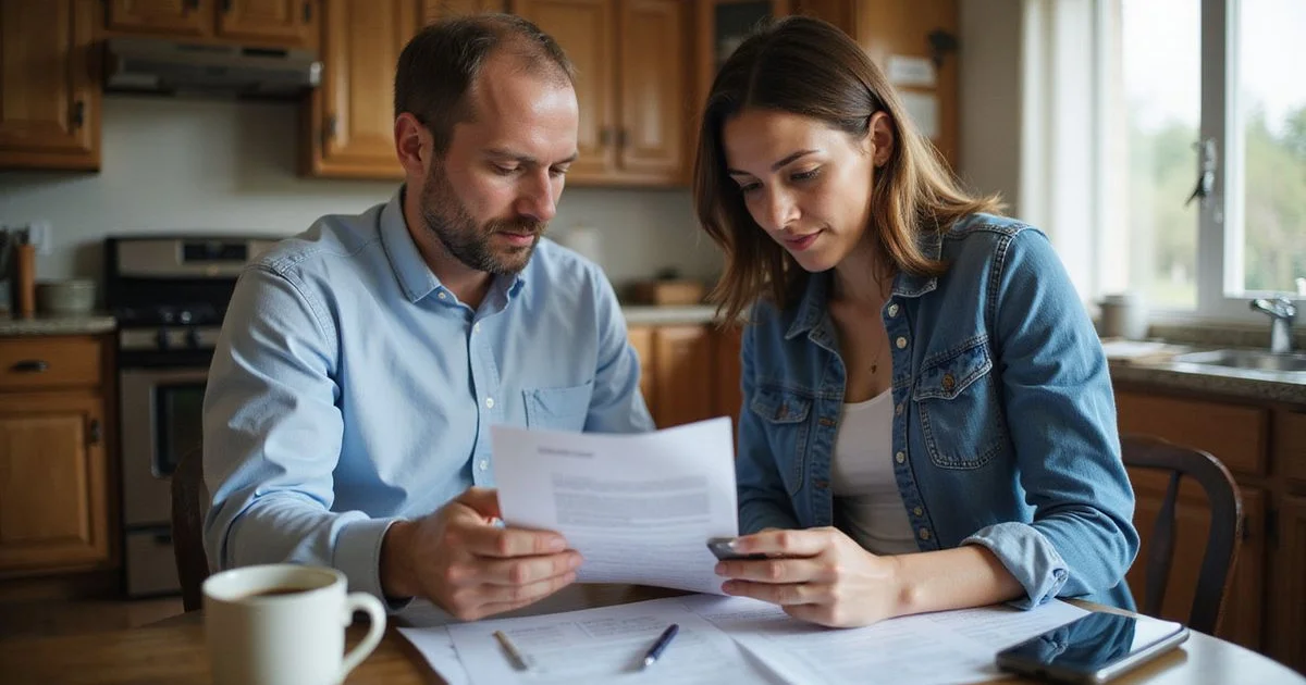 Home buyer and agent reviewing repair documents in a living room