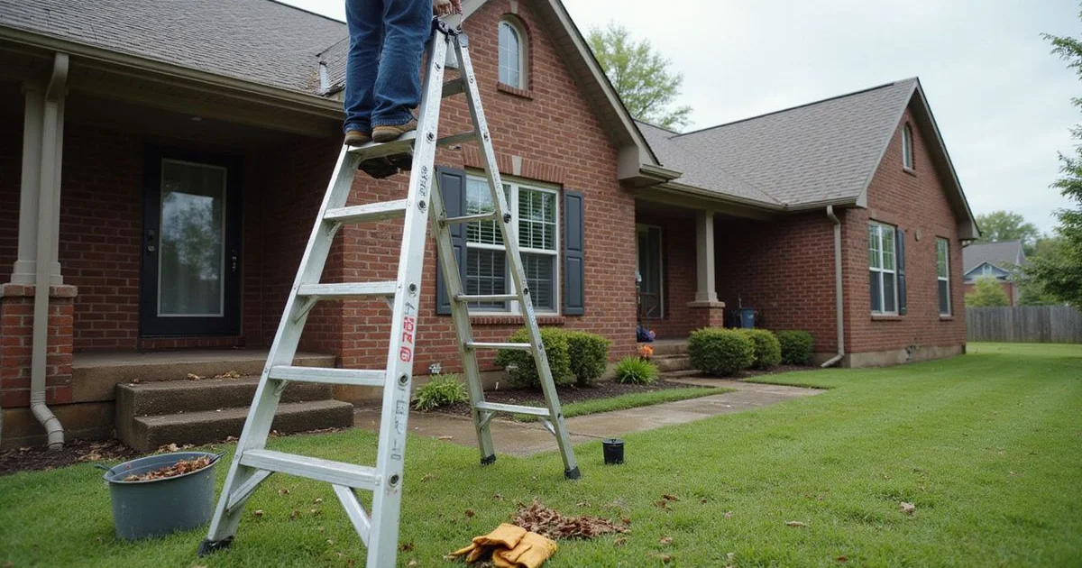 Homeowner cleaning gutters at a Middle Tennessee home
