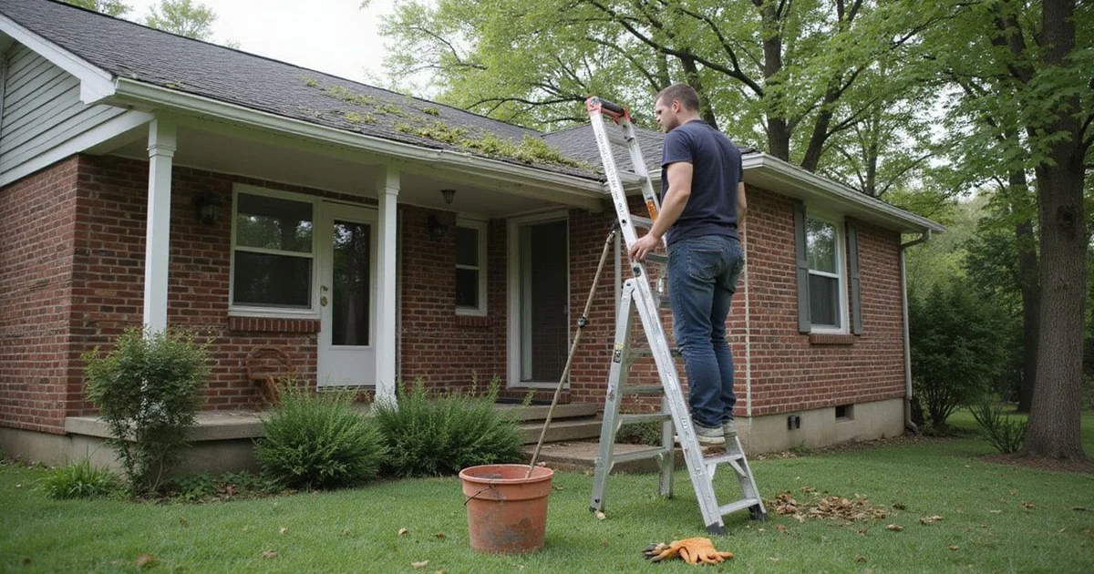 Homeowner clearing leaves from a gutter at a Middle Tennessee home in autumn