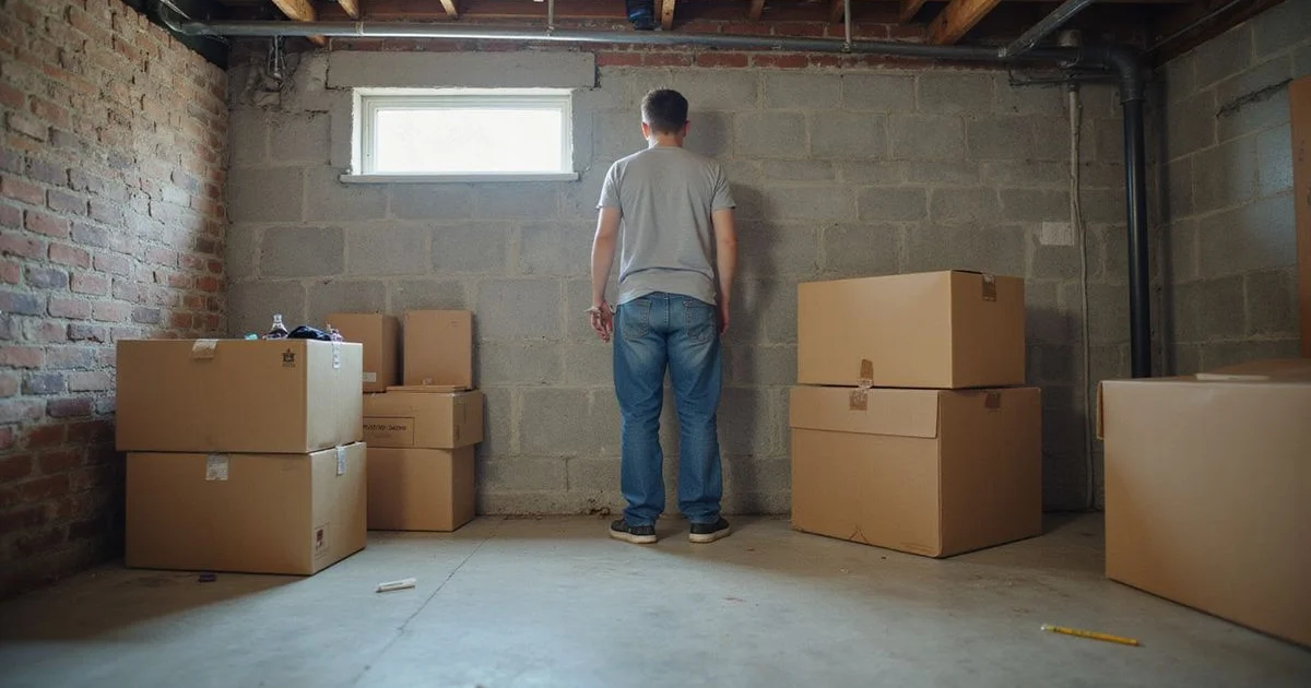 Homeowner clearing stored boxes away from a basement wall before an inspection