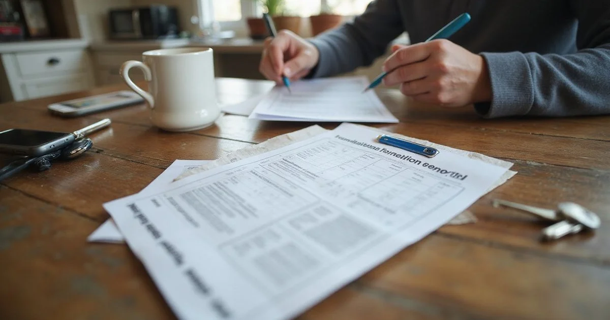 Homeowner reviewing a written itemized foundation repair scope at a kitchen table