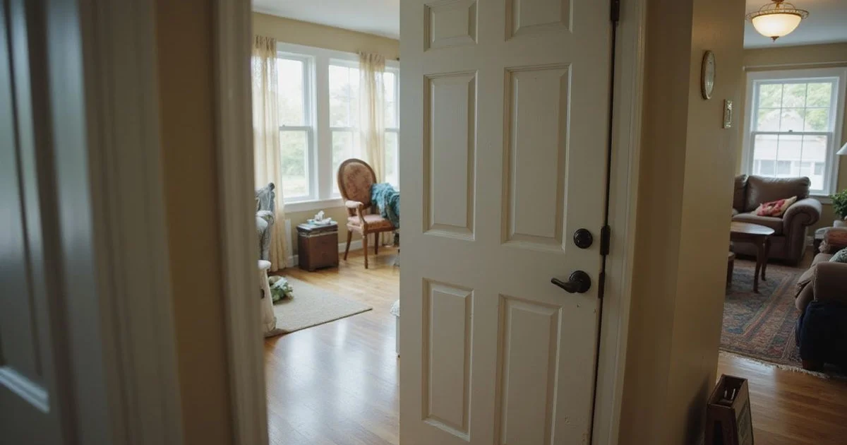 Interior door with a visibly uneven gap at the top corner in a home hallway