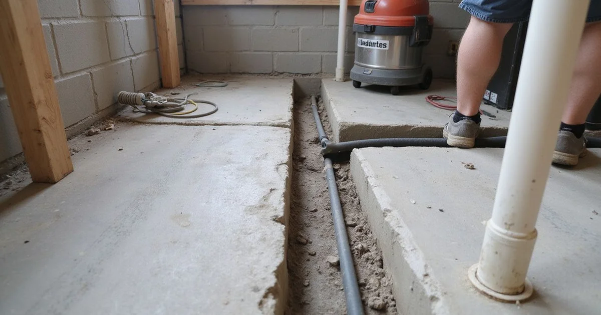 Interior perimeter drain tile channel along a basement footing