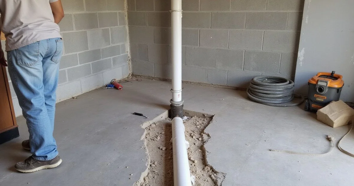 Interior perimeter drainage installation underway in a basement