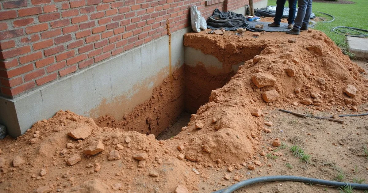 Excavation showing soil against the exterior face of a basement wall