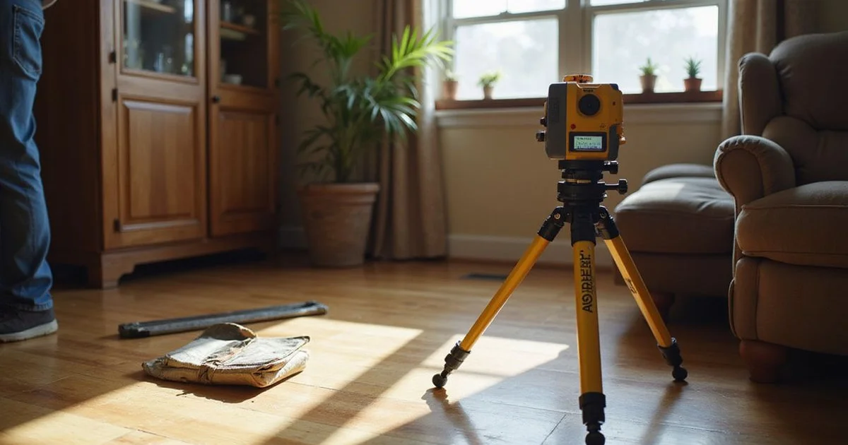 Laser level on a tripod taking floor elevation readings in a living room