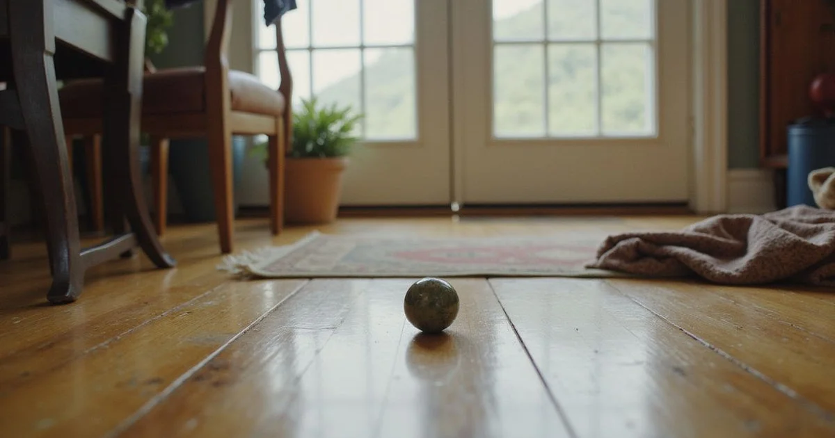 Marble test on a sloped floor showing movement in a home interior