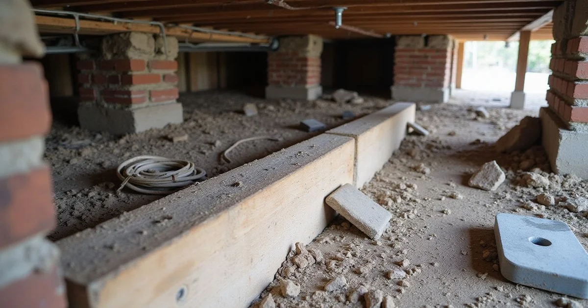 Sistered floor joist beside a decayed joist in a crawl space