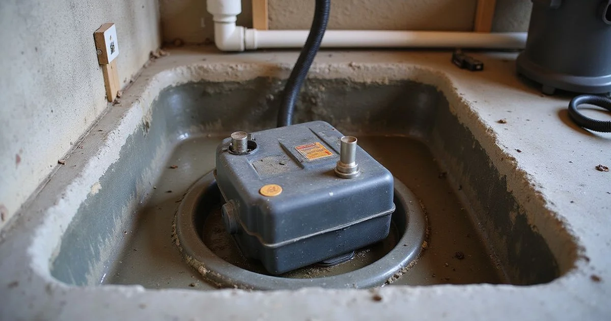 Older sump pump in a basin with visible wear