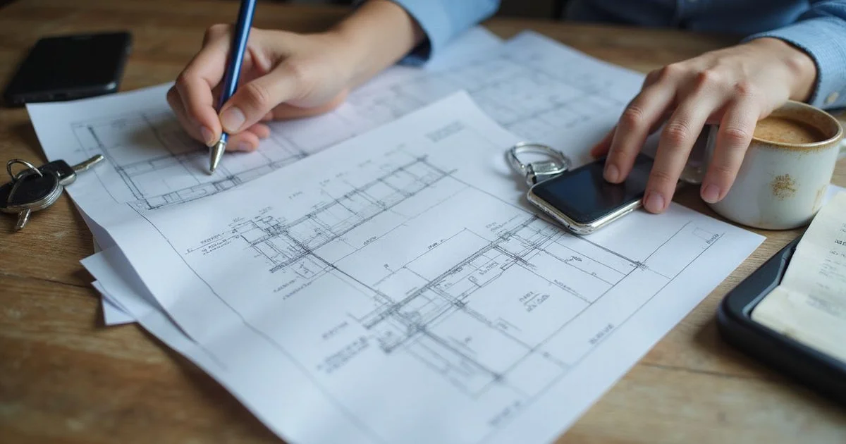 Person reviewing an engineering report with foundation drawings at a desk