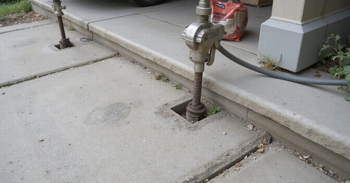 Polyurethane foam injection ports drilled in a concrete slab
