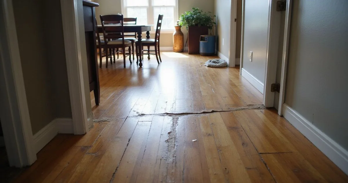 Sagging hardwood floor with a visible dip in a lived-in Nashville home