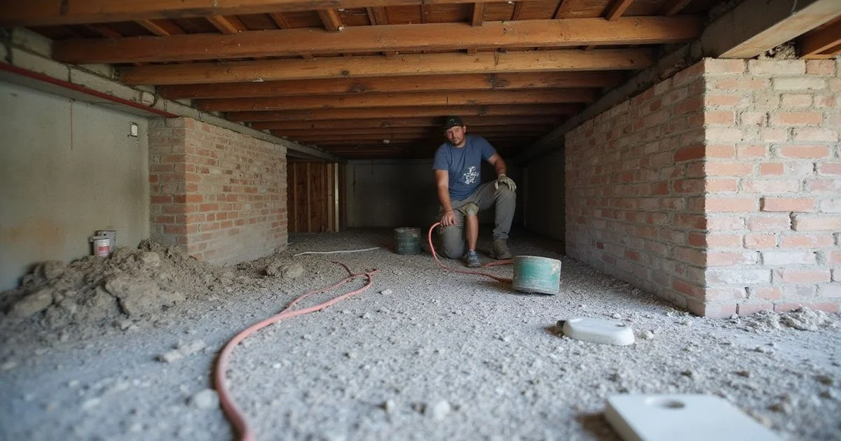 Crawl space framing repair alongside a vapor barrier installation