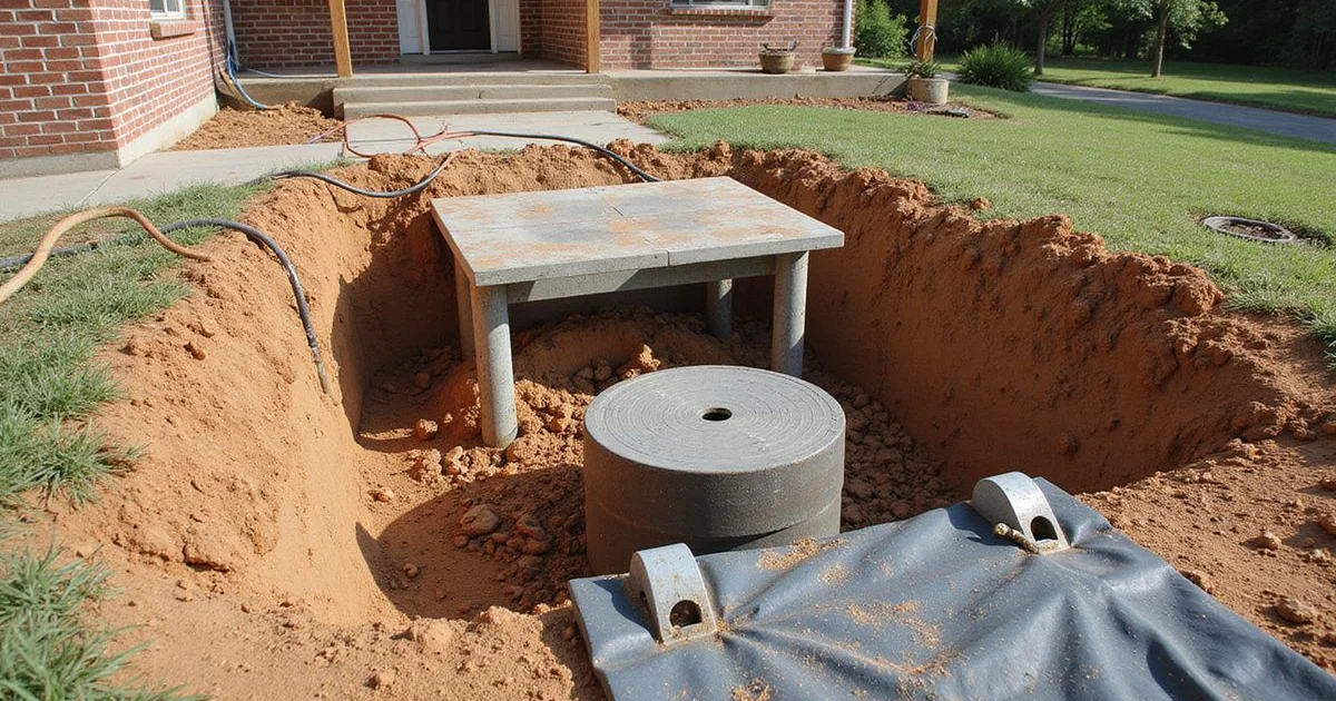 Steel push pier drive stand set against a home footing on a Middle Tennessee jobsite