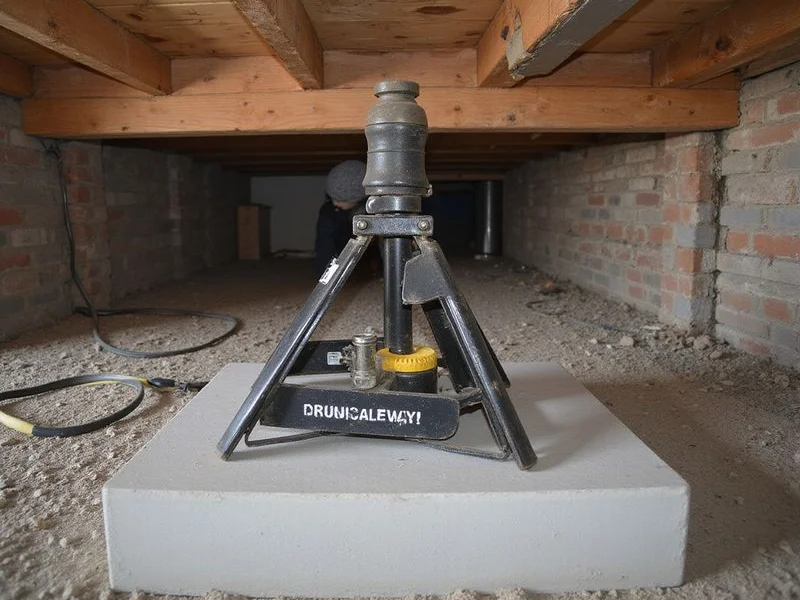 Adjustable steel support jack seated on a concrete pier pad