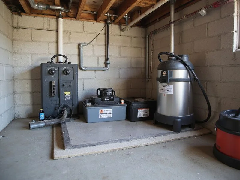 Battery backup pump and AGM battery beside a primary sump pump