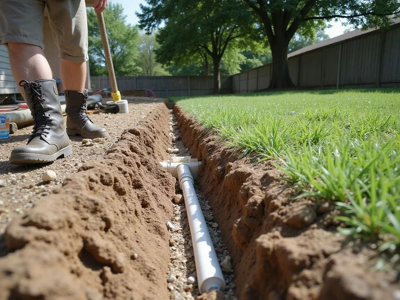Buried downspout line ending at a pop-up emitter in a lawn