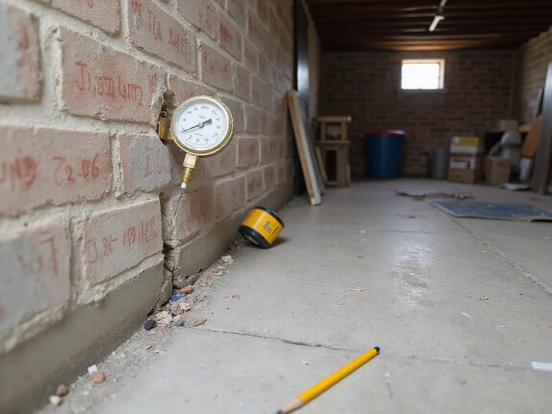 Crack monitor gauge recording movement across a basement wall crack