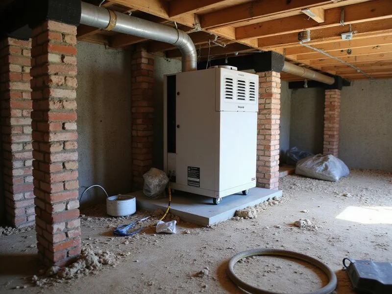 Crawl space dehumidifier installed on the vapor barrier with condensate line