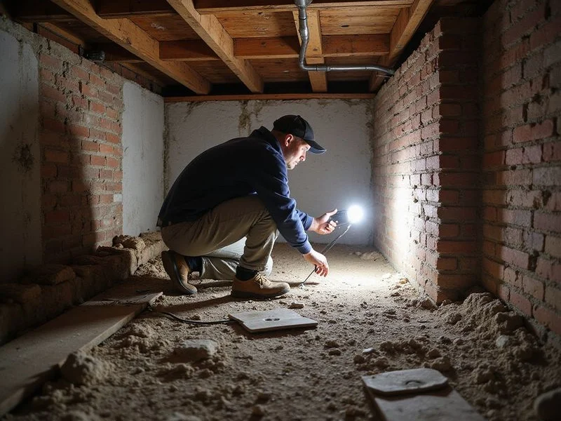 Estimator checking crawl space framing and ground conditions