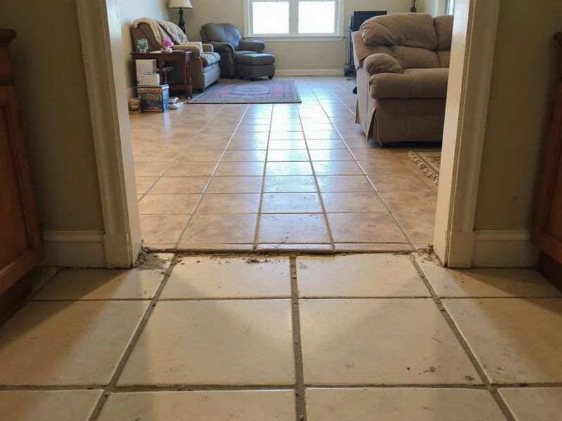 Gap between baseboard trim and slab floor indicating movement