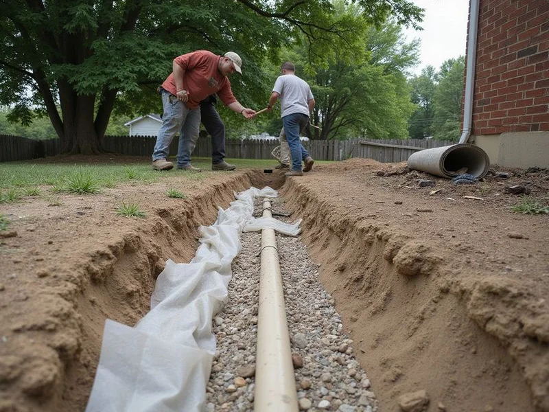 Geotextile fabric and washed stone placed around perforated pipe