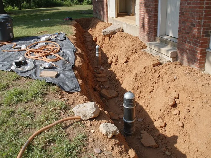 Helical pier lead section staged beside an excavation