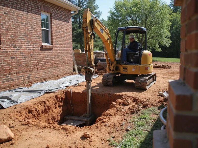 Steel pier section being driven beside a residential footing