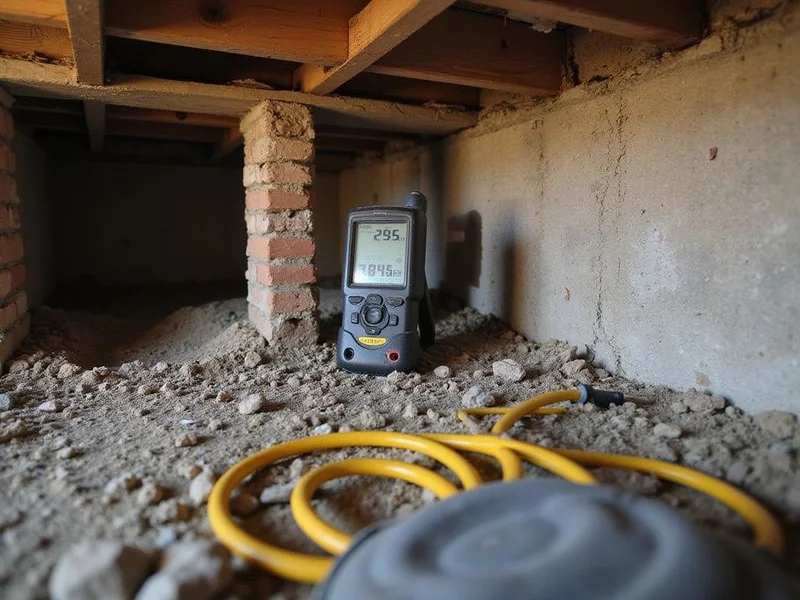 Moisture meter reading taken on a crawl space floor joist
