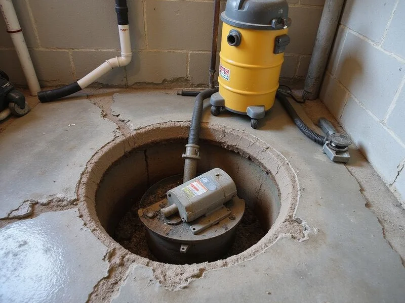 Worn sump pump removed from a basin beside its replacement
