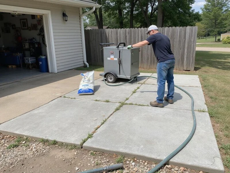 Polyurethane foam injection equipment beside a settled patio slab