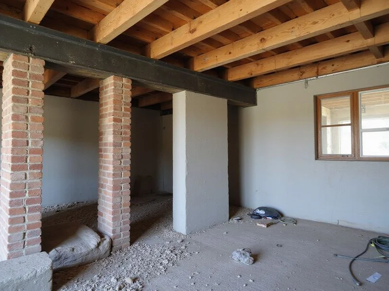 Steel I-beam brace fixed against a basement wall