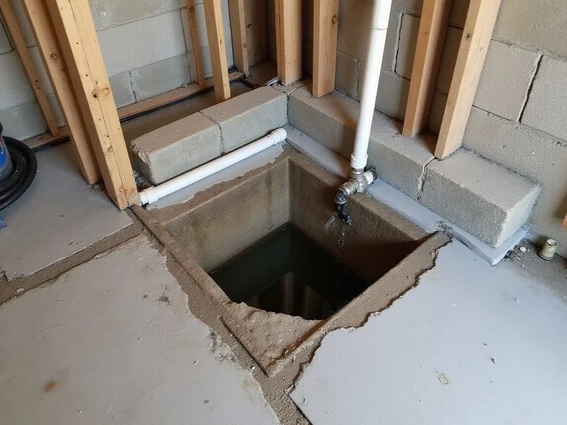 Sump basin with submersible pump and discharge line
