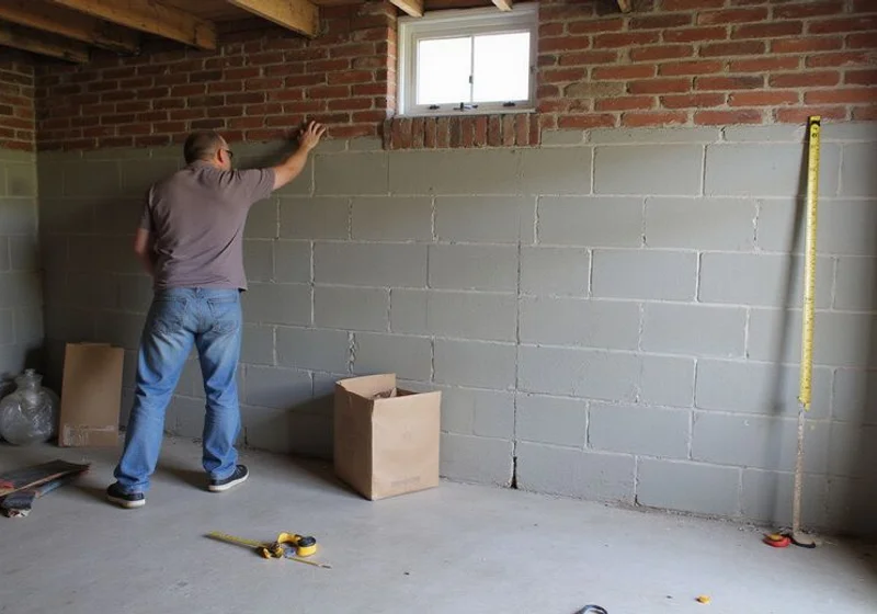 Bowing block wall measured against a straightedge, before stabilization