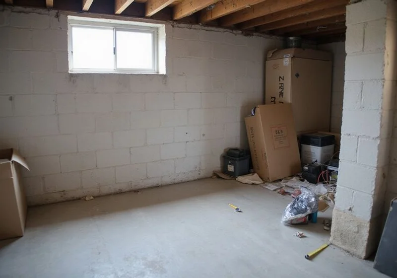 Basement wall before evaluation, access obstructed and crack unmeasured