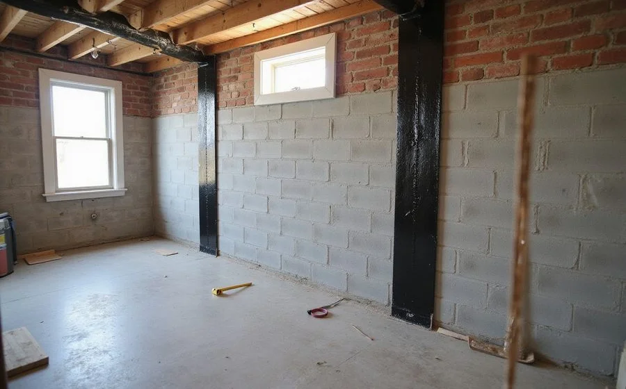 Carbon fiber reinforcement strap bonded to a basement block wall