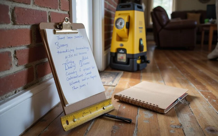 Clipboard with handwritten foundation observation notes and crack width measurements
