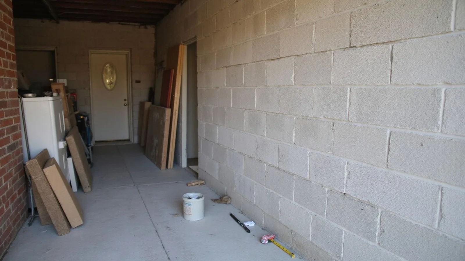 Concrete block basement wall showing a horizontal mortar joint crack and inward bow
