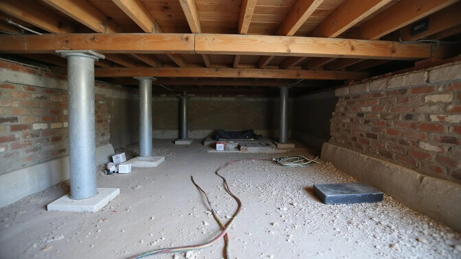 Crawl space interior with exposed joists, girder, and adjustable steel support posts