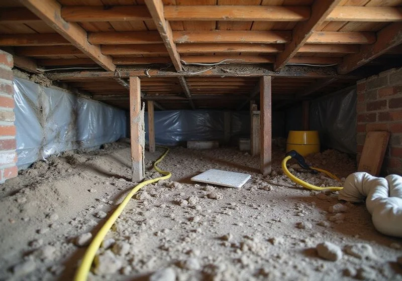 Damp bare-earth crawl space with torn sheeting, before encapsulation